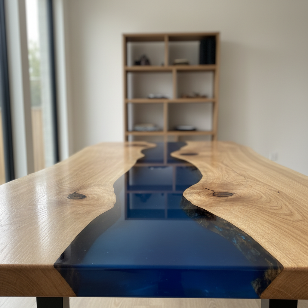 Большой стол из слэба дуба с эпоксидной смолой